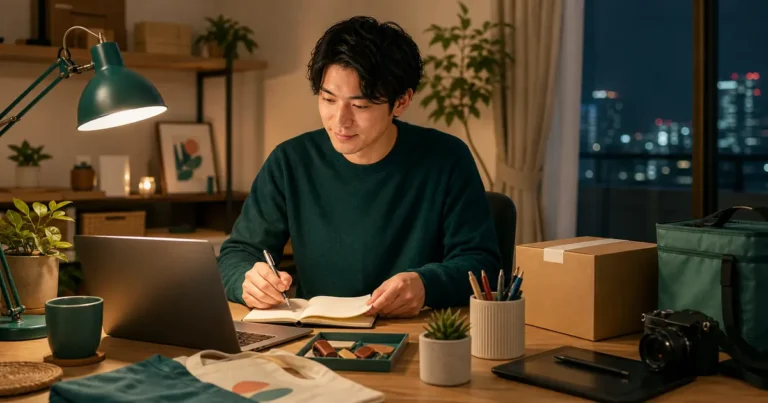 会社員が自宅で副業の収入と経費を整理している様子
