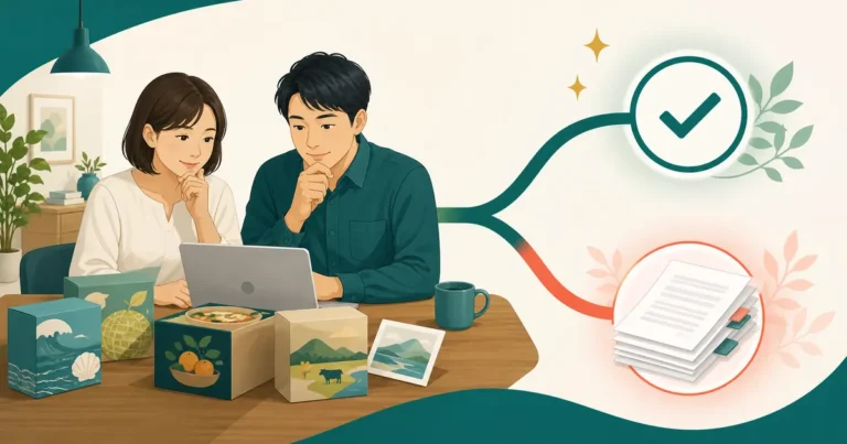 ふるさと納税のワンストップ特例と確定申告の分岐を確認する夫婦のイラスト