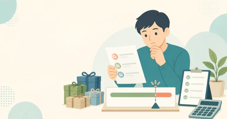 ふるさと納税の寄附額が控除上限を超えていないか確認する人のイラスト