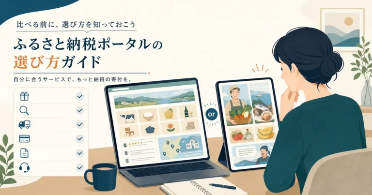2つのふるさと納税サイトを6項目で比較して選ぶ人のイラスト