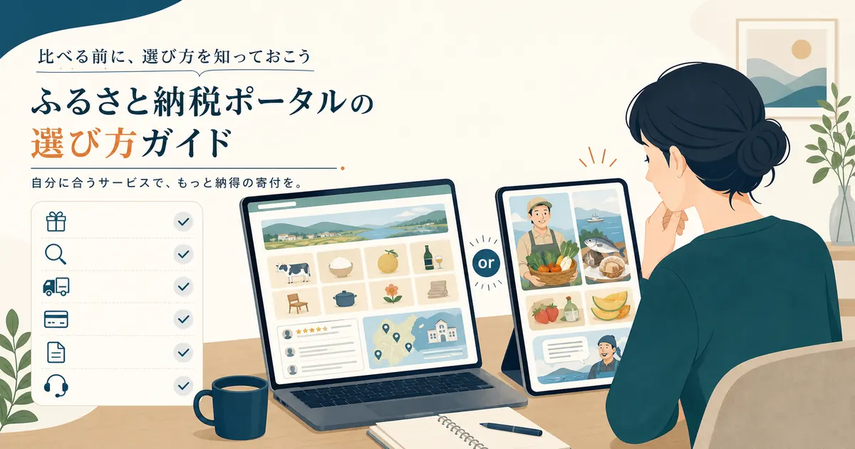 2つのふるさと納税サイトを6項目で比較して選ぶ人のイラスト