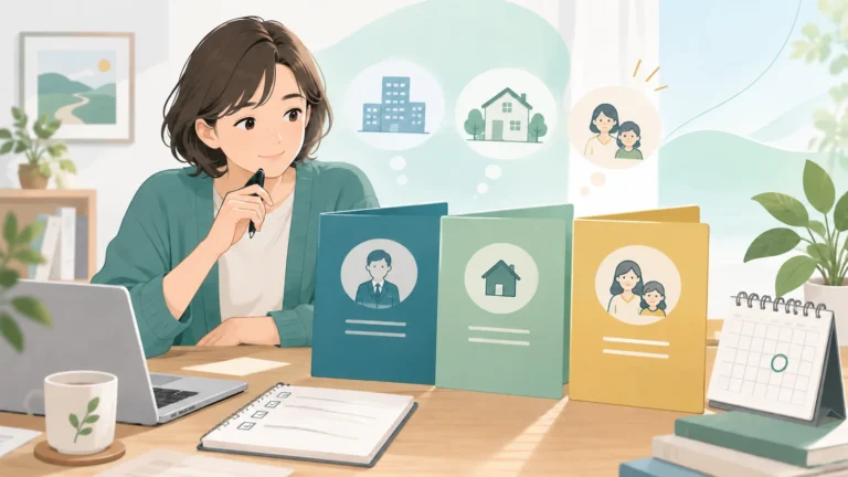 退職後の健康保険3つの選択肢と手続き期限を比較する人のイラスト