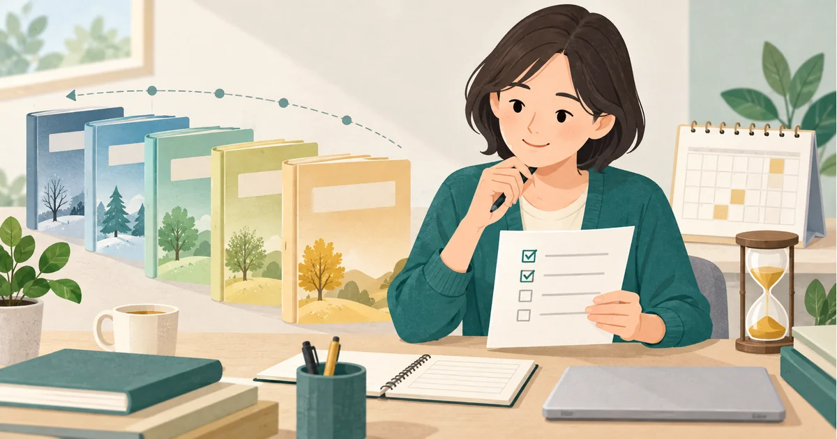 過去年分の確定申告書類を年度順に確認する人のイラスト