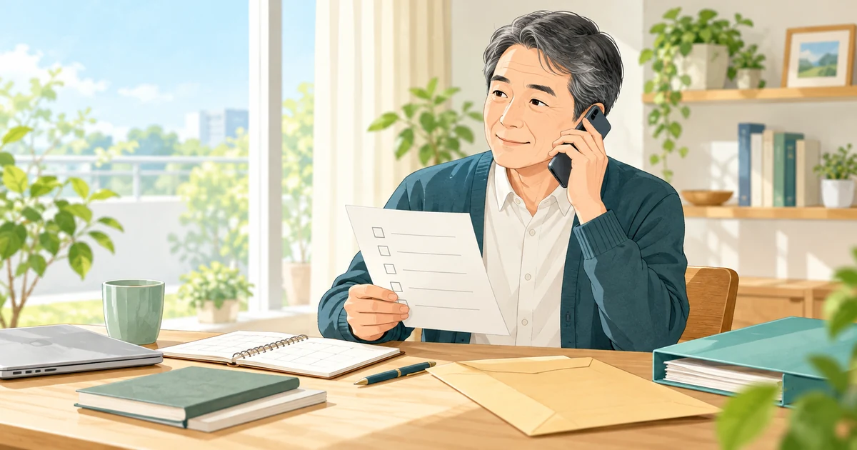 退職後に健康保険資格喪失証明書の発行状況を電話で確認する人のイラスト