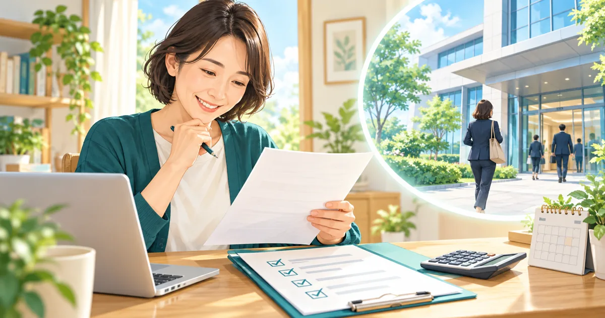再就職先の内定書類と再就職手当の申請準備を確認する人のイラスト