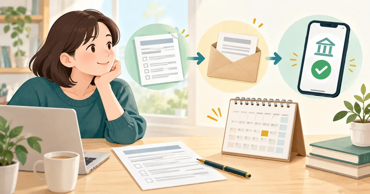 再就職手当の申請から振込までの予定を確認する人のイラスト