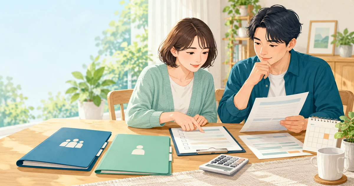 退職後に家族の健康保険の扶養条件を一緒に確認する人のイラスト