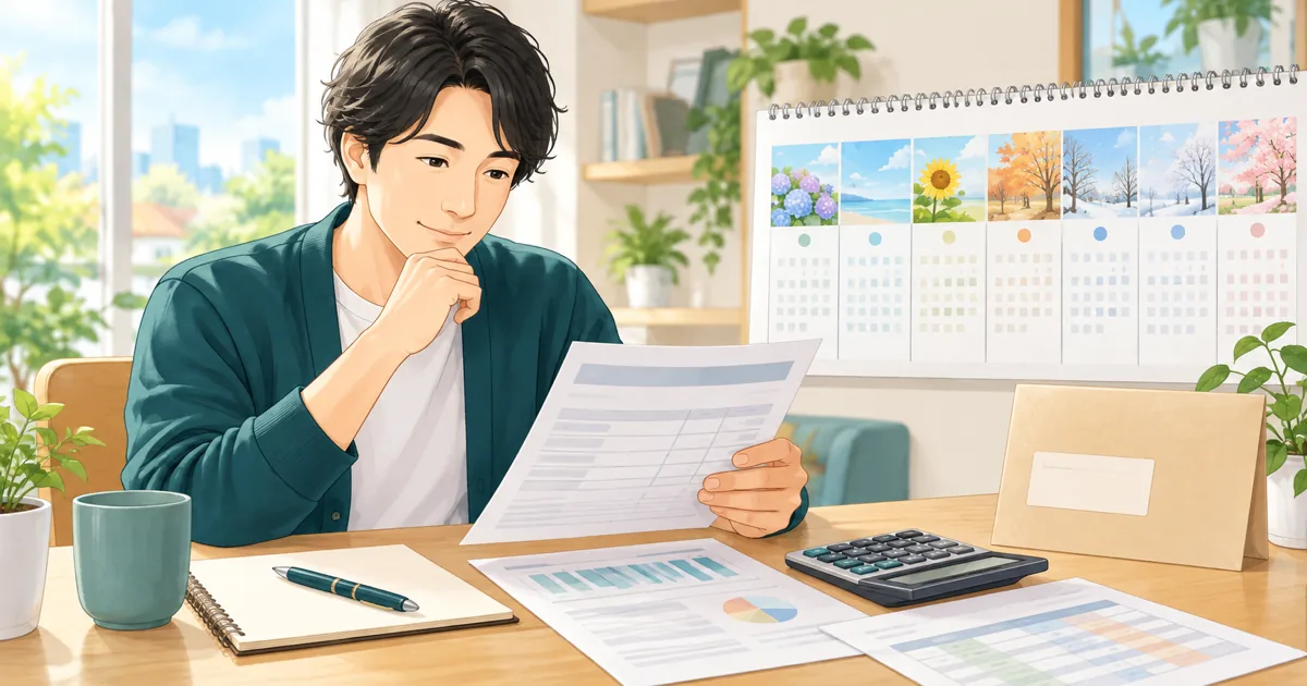 退職後の住民税の納付予定と家計を確認する人のイラスト