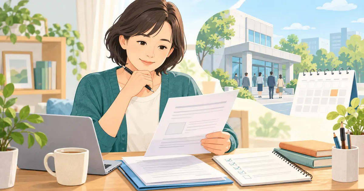 退職後の失業給付の必要書類と手続き予定を確認する人のイラスト