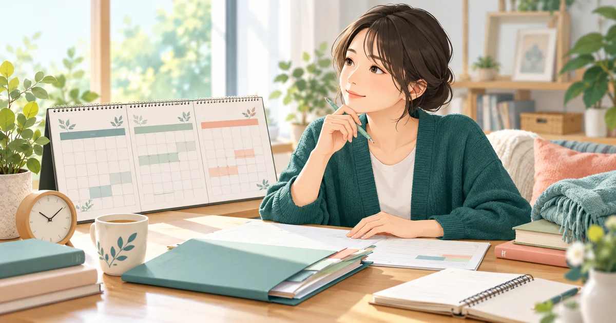 失業保険の受給期間延長に向けてカレンダーと申請書類を確認する人のイラスト