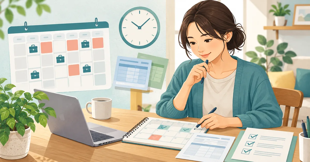 失業保険の受給中にアルバイトの勤務時間と申告日を確認する人のイラスト